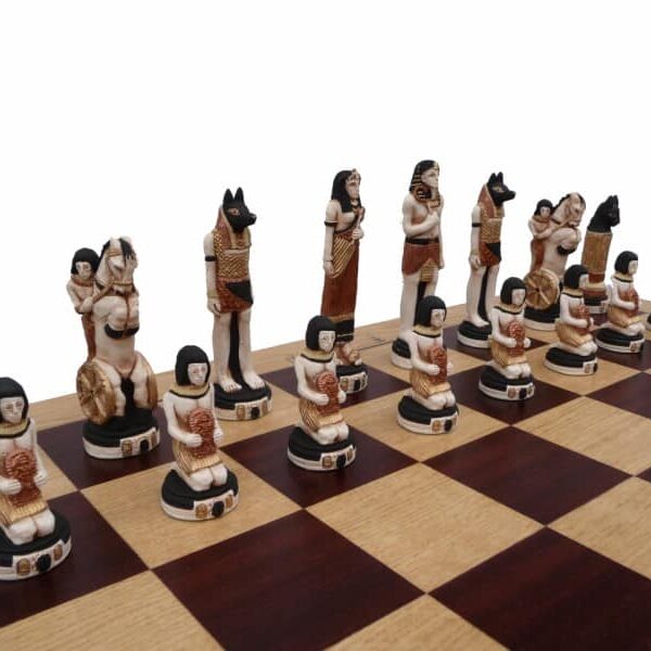 Jeu d'Échecs Thème Égypte - Pièces en Résine Peintes à la Main - Échiquier Pliant Acajou et Sycomore