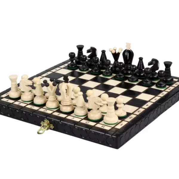 Petit Ensemble d’Échecs Royaux en Bois avec Plateau Pliable et Pièces Équilibrées