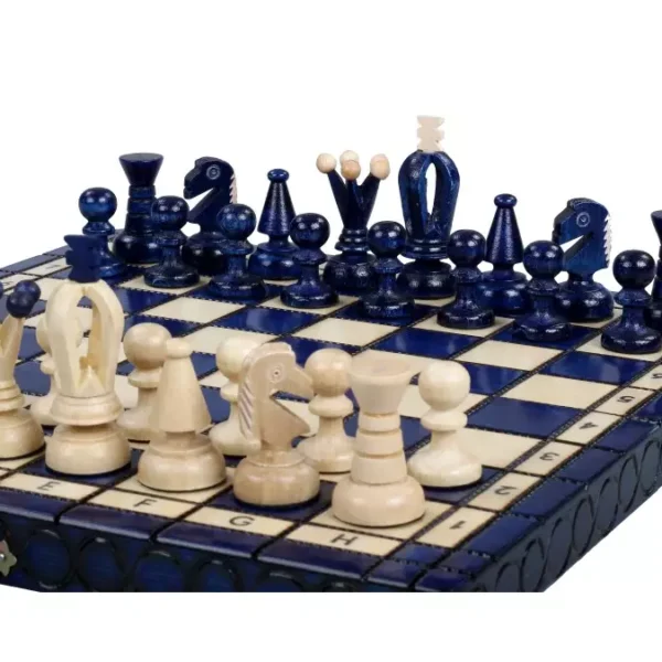 Petit Ensemble d'Échecs Royaux en Bleu avec Plateau en Bois Pliable