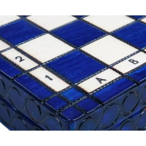 Petit Ensemble d'Échecs Royaux en Bleu avec Plateau en Bois Pliable