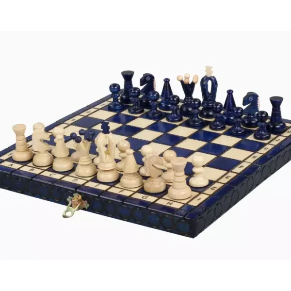 Petit Ensemble d'Échecs Royaux en Bleu avec Plateau en Bois Pliable