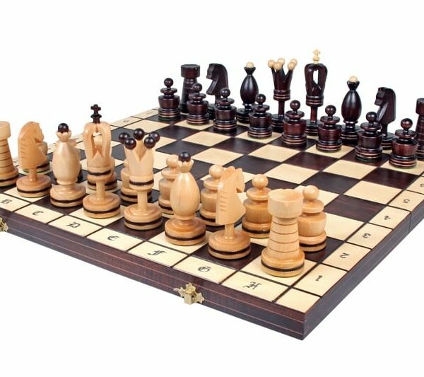 Grand Jeu d'Échecs en Bois avec Incrustation en Laiton et Échiquier Pliant 50 cm