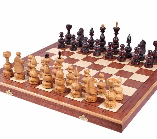 Jeu d'Échecs en Bois de Cerisier avec Échiquier Pliant Incrusté en Acajou et Sycomore