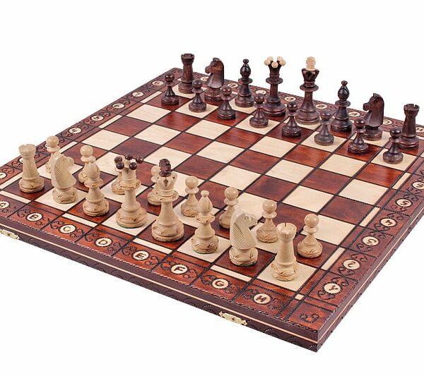 Jeu d’Échecs en Bois Orné – Pièces Lestées et Échiquier Pliable avec Rangement