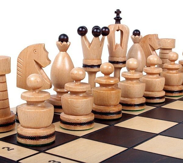 Grand Jeu d'Échecs en Bois avec Incrustation en Laiton et Échiquier Pliant 50 cm