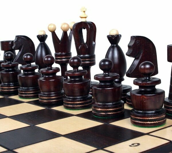 Grand Jeu d'Échecs en Bois avec Incrustation en Laiton et Échiquier Pliant 50 cm