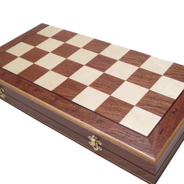 Jeu d'Échecs en Bois de Tilleul avec Échiquier Pliant Incrusté en Acajou et Sycomore