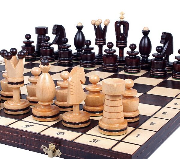 Grand Jeu d'Échecs en Bois avec Incrustation en Laiton et Échiquier Pliant 50 cm