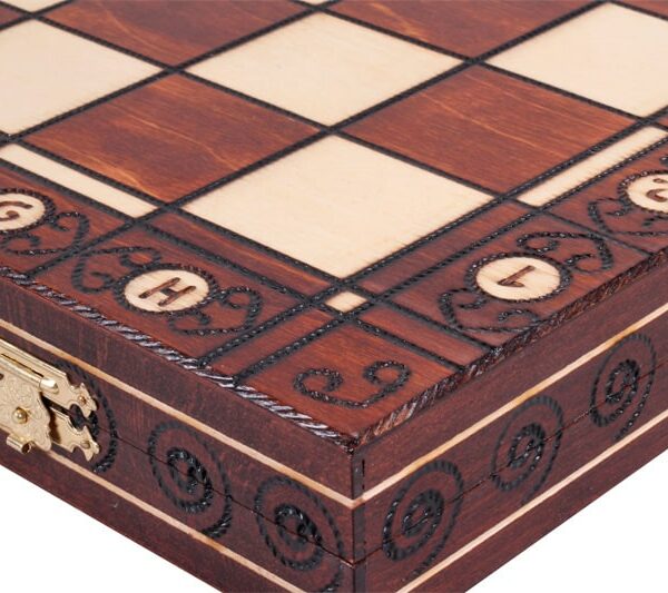 Jeu d’Échecs en Bois Orné – Pièces Lestées et Échiquier Pliable avec Rangement