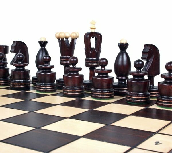 Grand Jeu d'Échecs en Bois avec Incrustation en Laiton et Échiquier Pliant 50 cm