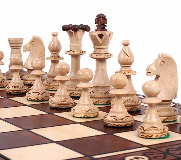 Jeu d’Échecs en Bois Orné – Pièces Lestées et Échiquier Pliable avec Rangement