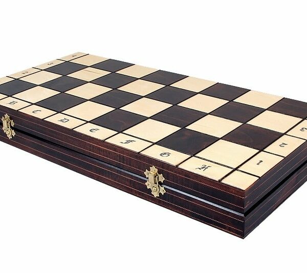 Grand Jeu d'Échecs en Bois avec Incrustation en Laiton et Échiquier Pliant 50 cm