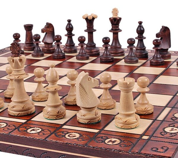 Jeu d’Échecs en Bois Orné – Pièces Lestées et Échiquier Pliable avec Rangement