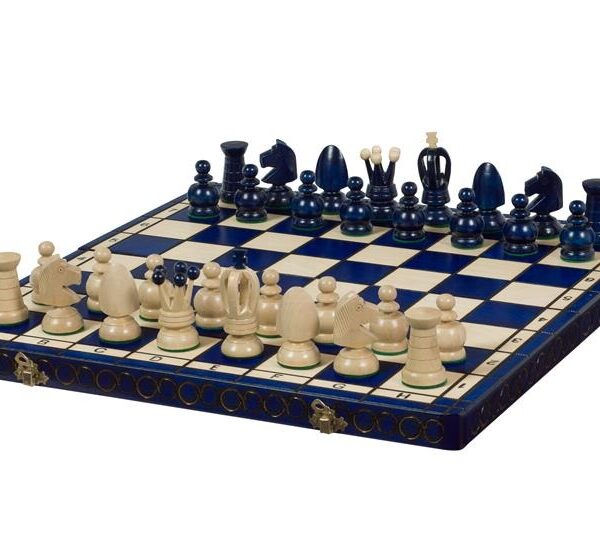 Jeu d’Échecs en Bois Bleu Royal et Ivoire – Échiquier Pliable avec Rangement