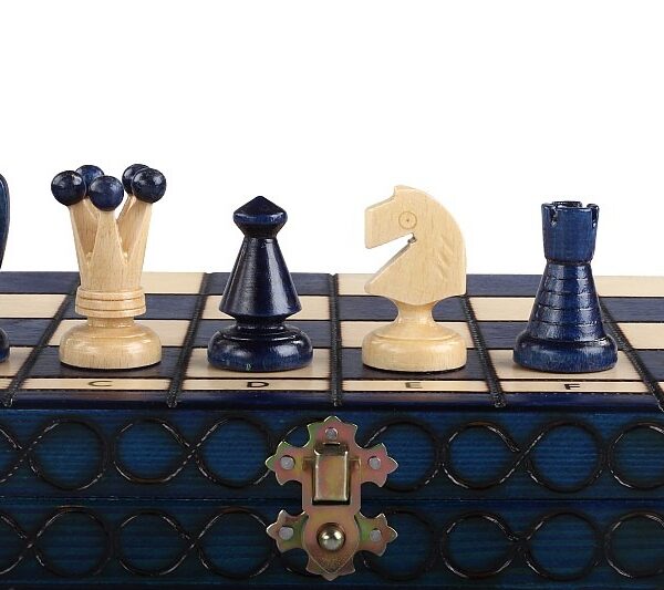 Jeu d’Échecs Pliable en Bois Bleu et Blanc – Design Élégant avec Rangement Intégré